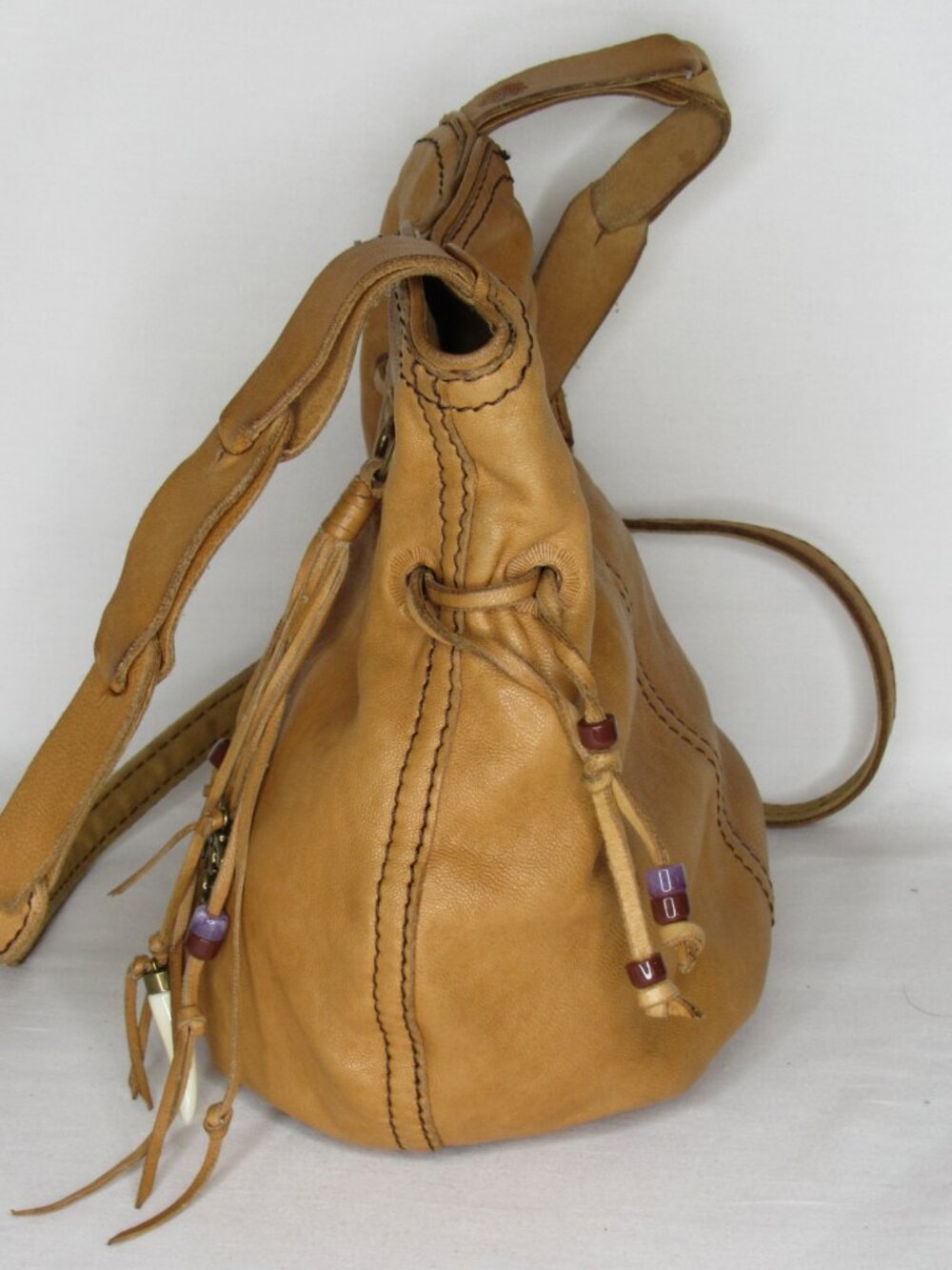Lucky Brand Light Brown Leather Bucket Hobo Bag Drawstring Cinch Purse - Picture 2 of 7